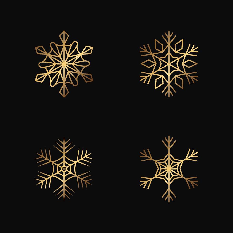 Vector golden snowflakes on the black background. Isolated outline flakes set. Gold collection for winter decor.