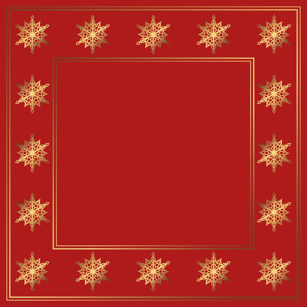 Vector winter frame with golden snowflakes and gold lines on the red background. Decorative backdrop for social media new year posts and text