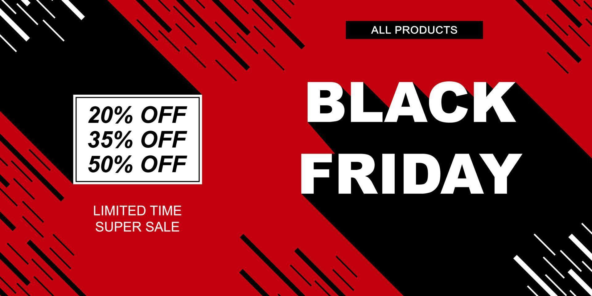 Black Friday sale vector banner. Red background with black stripes and text long shadow. Horizontal promo template.