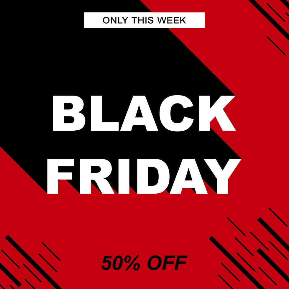 Black Friday sale vector banner. Red background with black stripes and text long shadow. Square promo template.