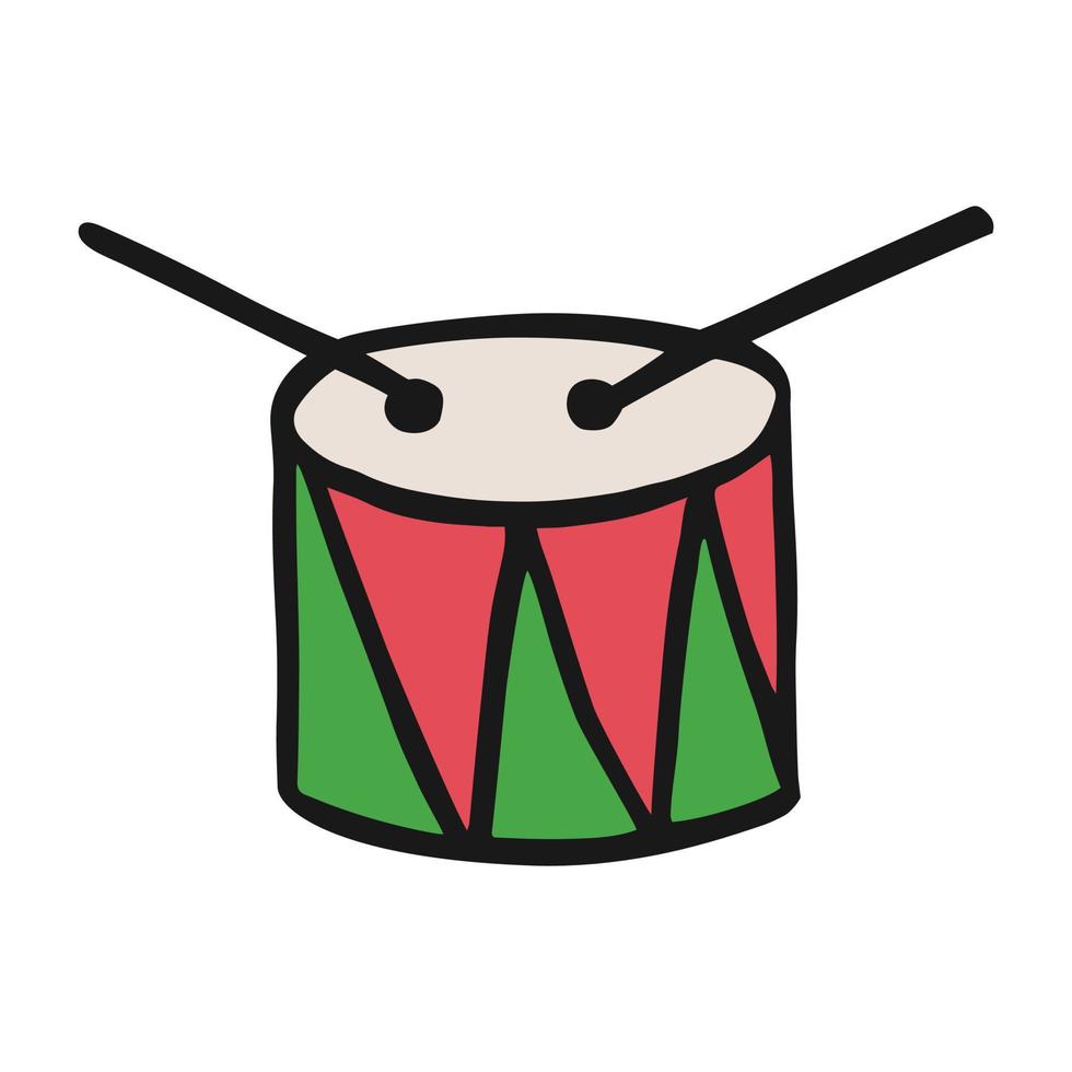 icono de tambor vectorial en estilo dibujado a mano. símbolo colorido musical. ilustración aislada sobre fondo blanco. diseño para imprimir. pictograma de dibujos animados para el juego. garabato trommel vector