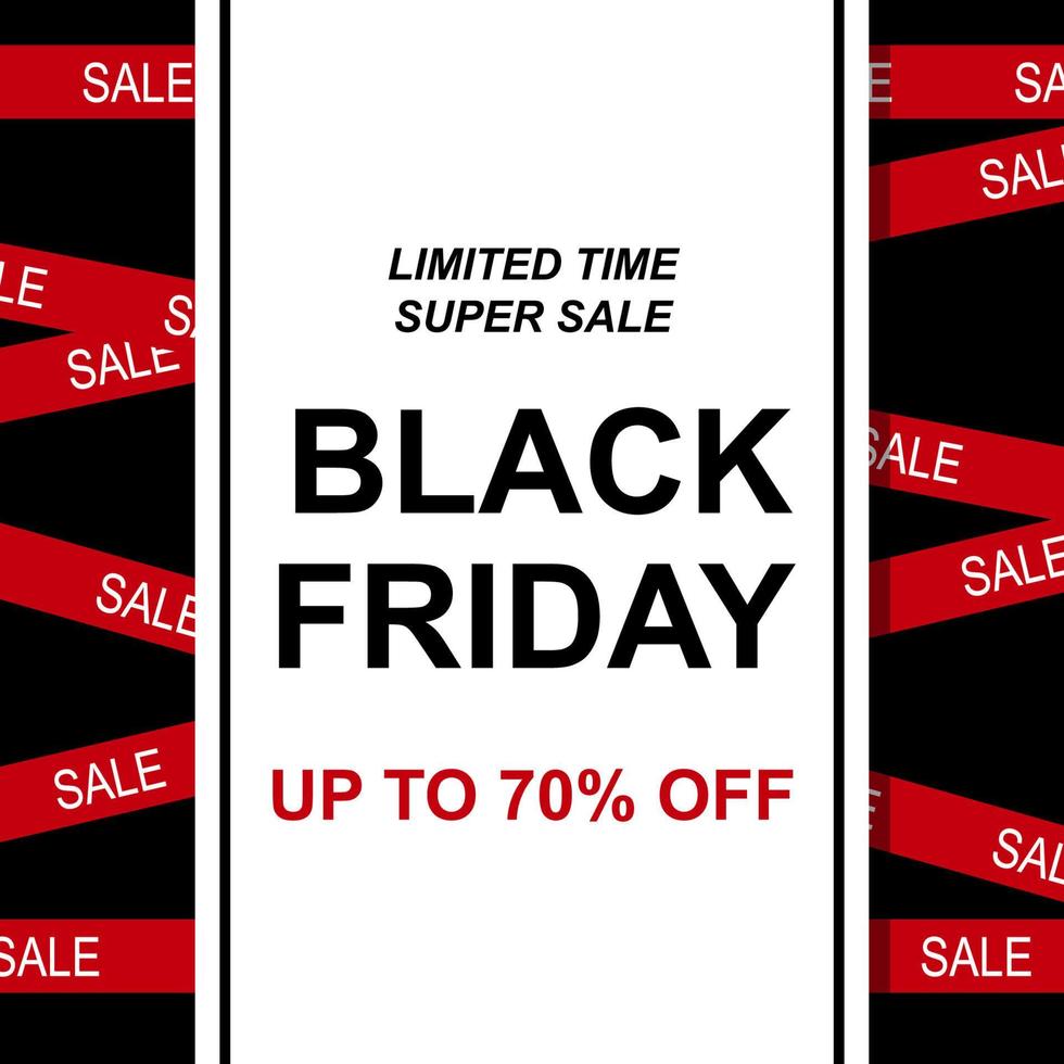 Black Friday sale vector banner. Dark background with red stripes and text. Square promo template.