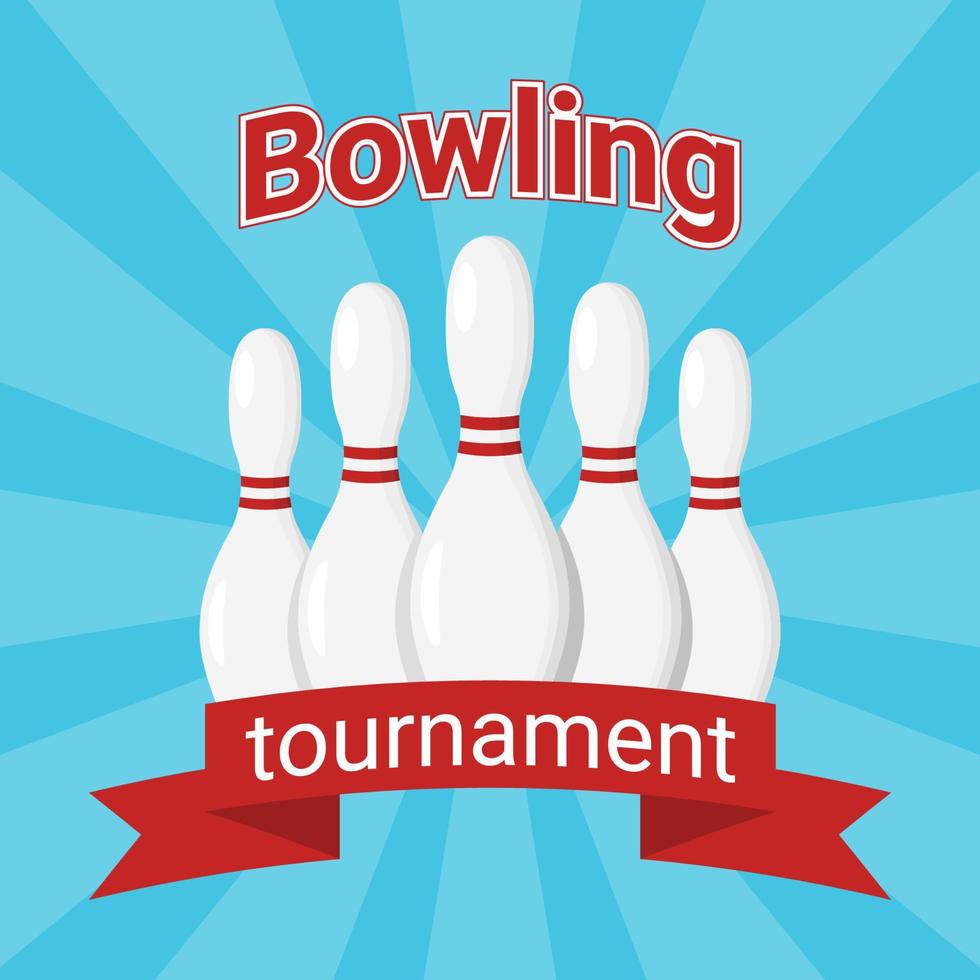 Bowling tournament square vector banner with white pins and red ribbon. Vintage flyer for bowling competition