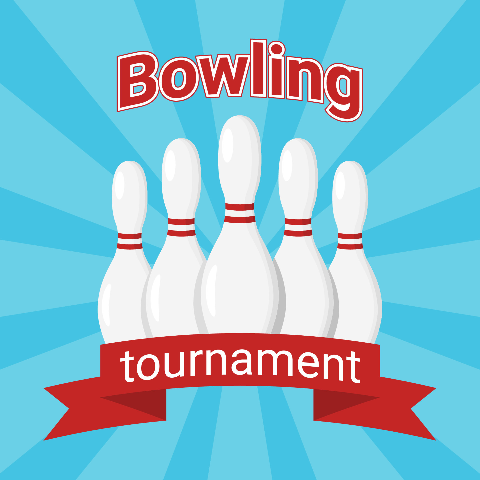 Bowling tournament square vector banner with white pins and red ribbon. Vintage flyer for