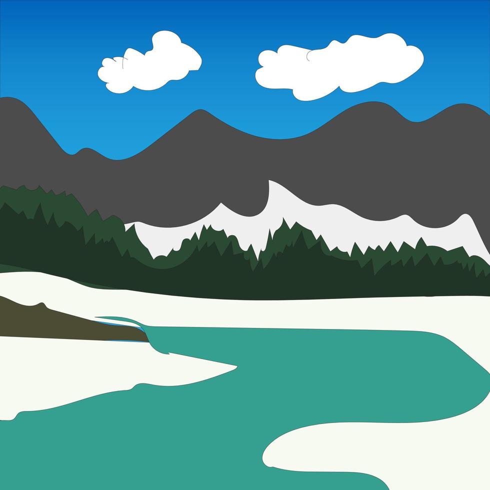 Mountains pond or lake nature landscape, scenery view. White snowy rocks peaks and calm clear water surface under blue sky tranquil parallax background, natural 2d scene, Cartoon vector illustration