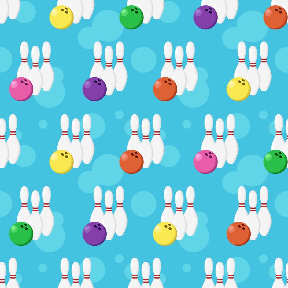 Vector bowling seamless pattern. Bowling pins and balls on blue backdrop with light spots.