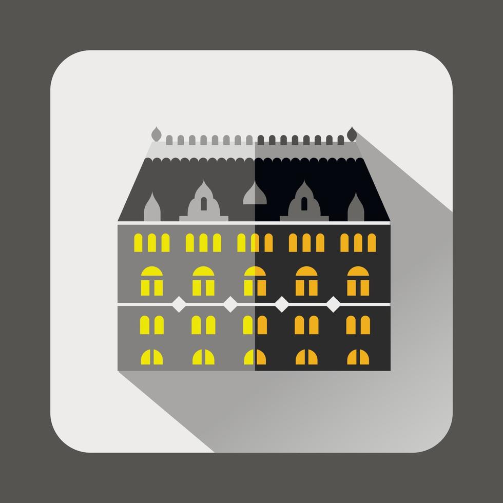 edificio gris con icono de ventanas arqueadas, estilo plano vector