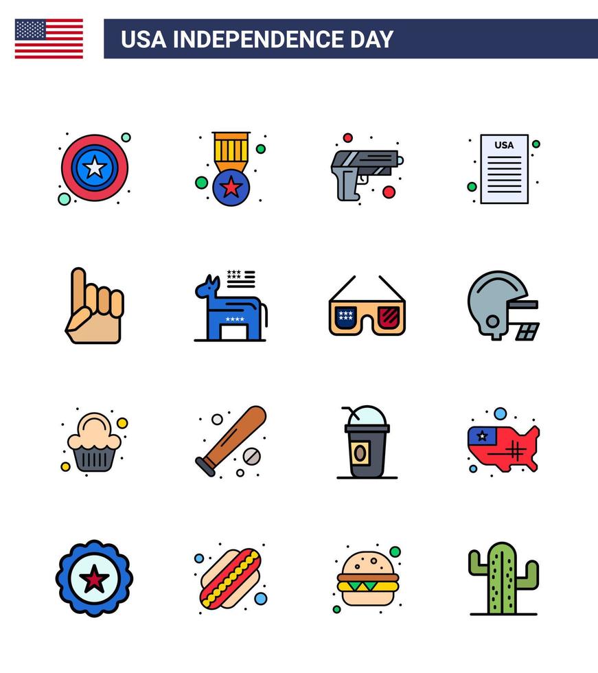 Happy Independence Day USA Pack of 16 Creative Flat Filled Lines of usa foam hand gun democratic declaration Editable USA Day Vector Design Elements