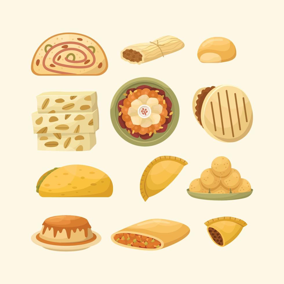 Vector set of illustrations of South American dishes. Kitchen for New Year and Christmas. Flat style.