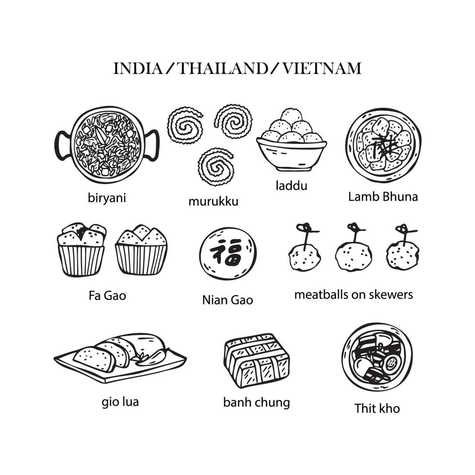 vector set of traditional new year food of Thailand, Vietnam and India