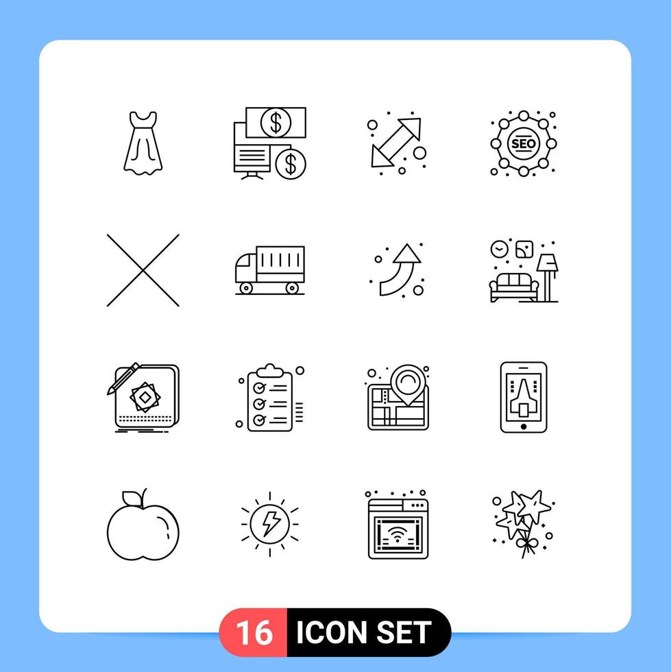 Universal Icon Symbols Group of 16 Modern Outlines of shipping car left delete tactics Editable Vector Design Elements