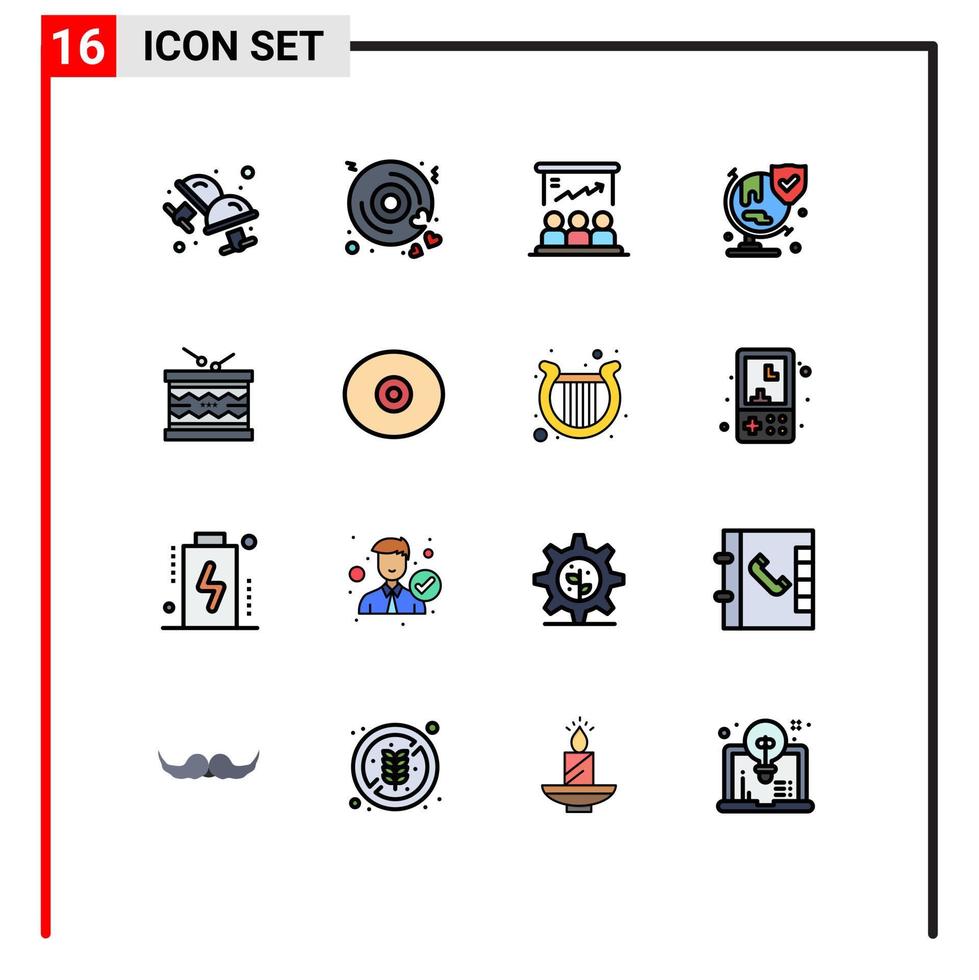 Group of 16 Flat Color Filled Lines Signs and Symbols for drum security presentation insurance marketing Editable Creative Vector Design Elements