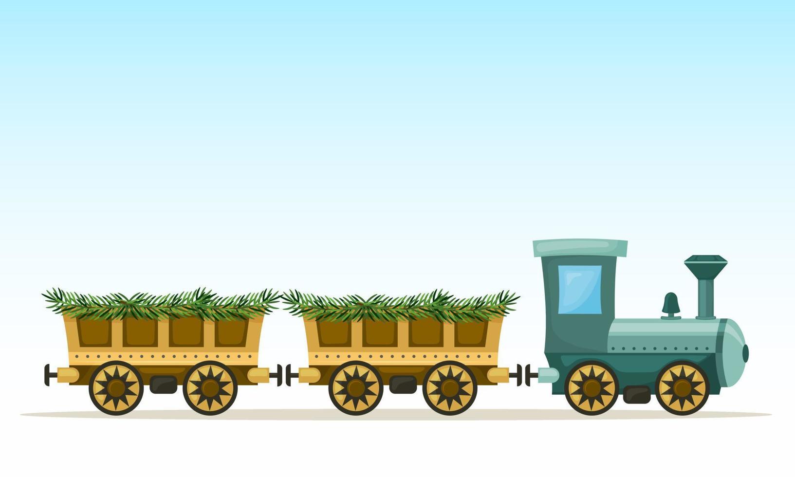 Cute Christmas train, locomotive with cars on blue gradient background. Vector illustration.