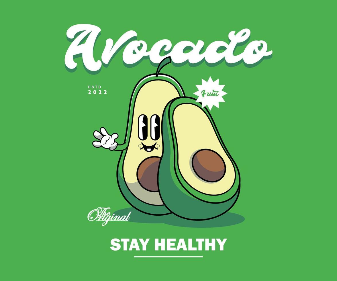 personaje de dibujos animados de afiche retro de diseño gráfico de fruta de aguacate para ropa de calle de camiseta y estilo urbano vector