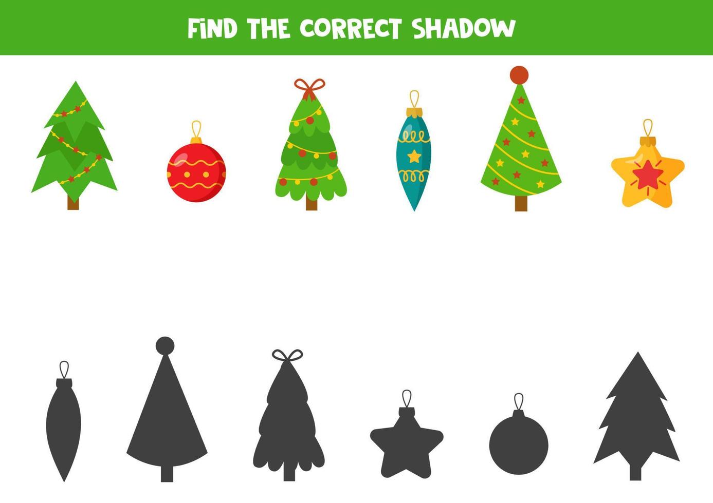Find the correct shadows of cute Christmas trees and baubles. Logical puzzle for kids. vector
