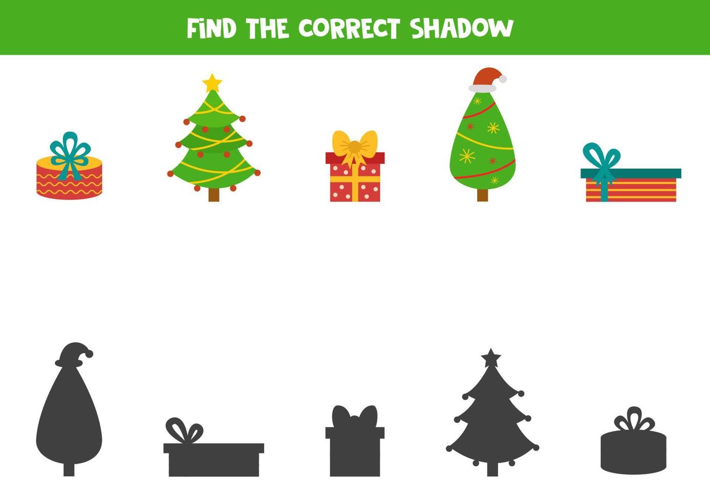 Find the correct shadows of cute Christmas trees and presents. Logical puzzle for kids. vector