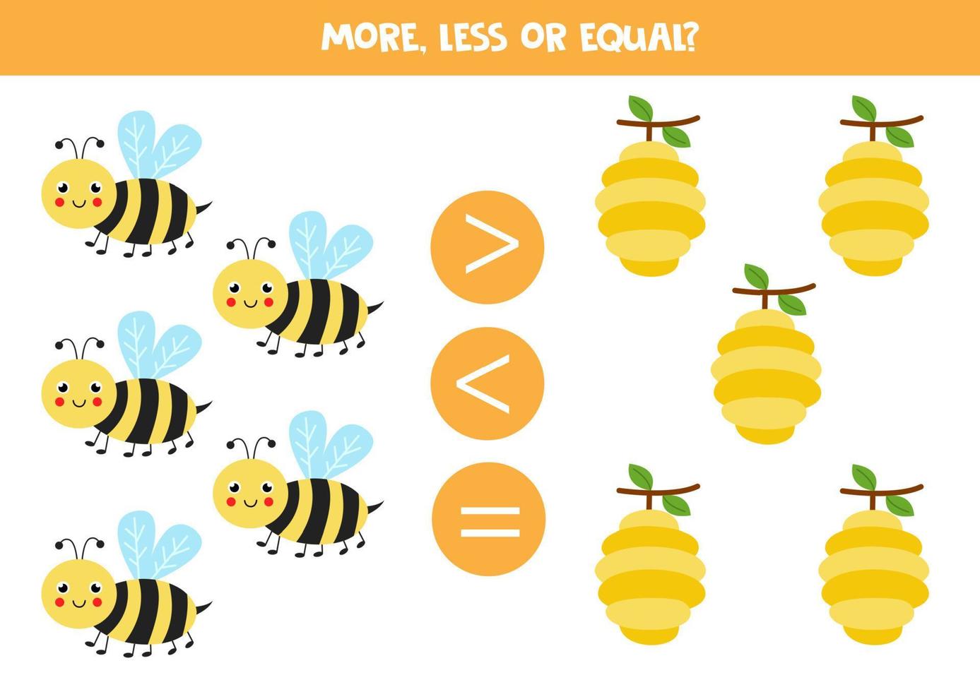More, less or equal with cartoon bees and beehives. vector