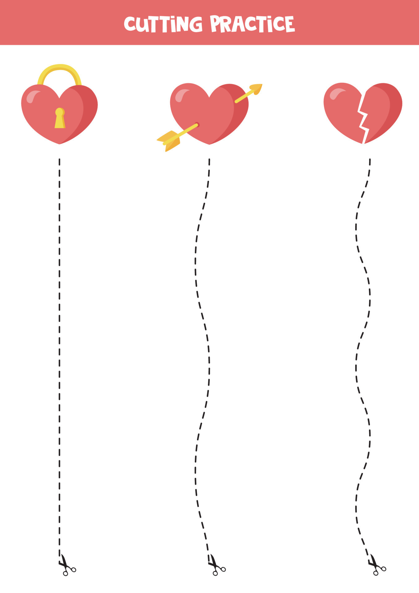 Cutting practice for children with valentine day hearts. 14462725