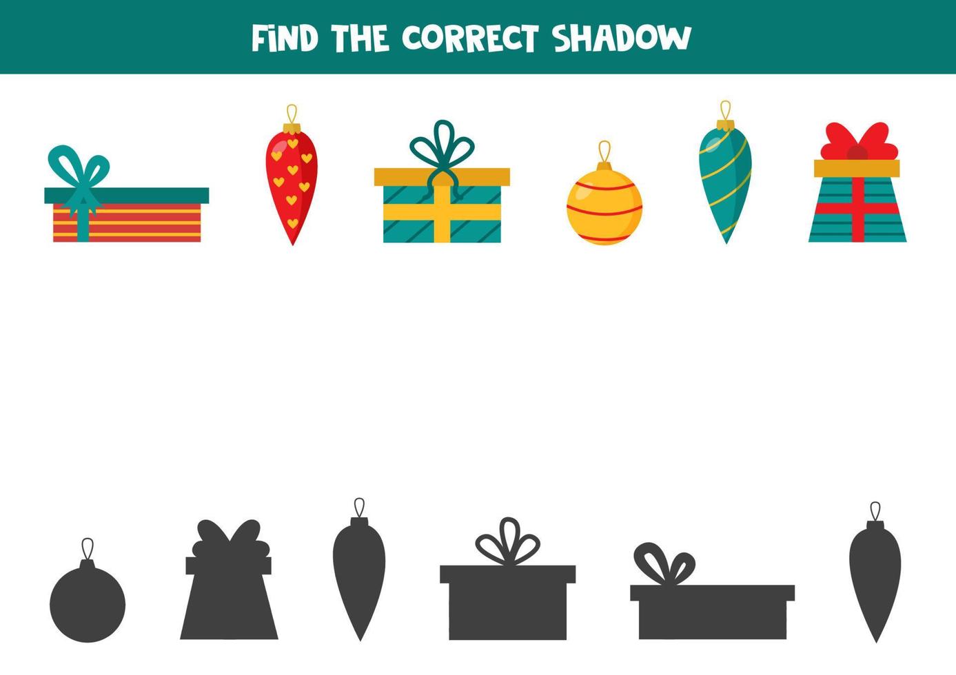 Find the correct shadows of cute Christmas presents and ornament. Logical puzzle for kids. vector