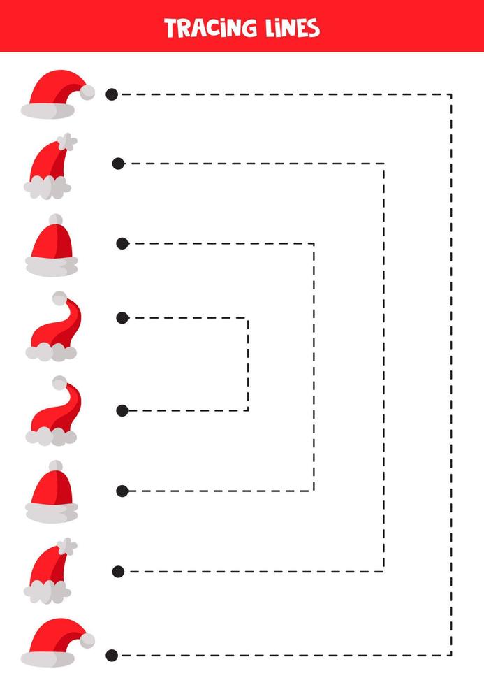 Tracing lines for kids. Cute winter caps. Writing practice. vector