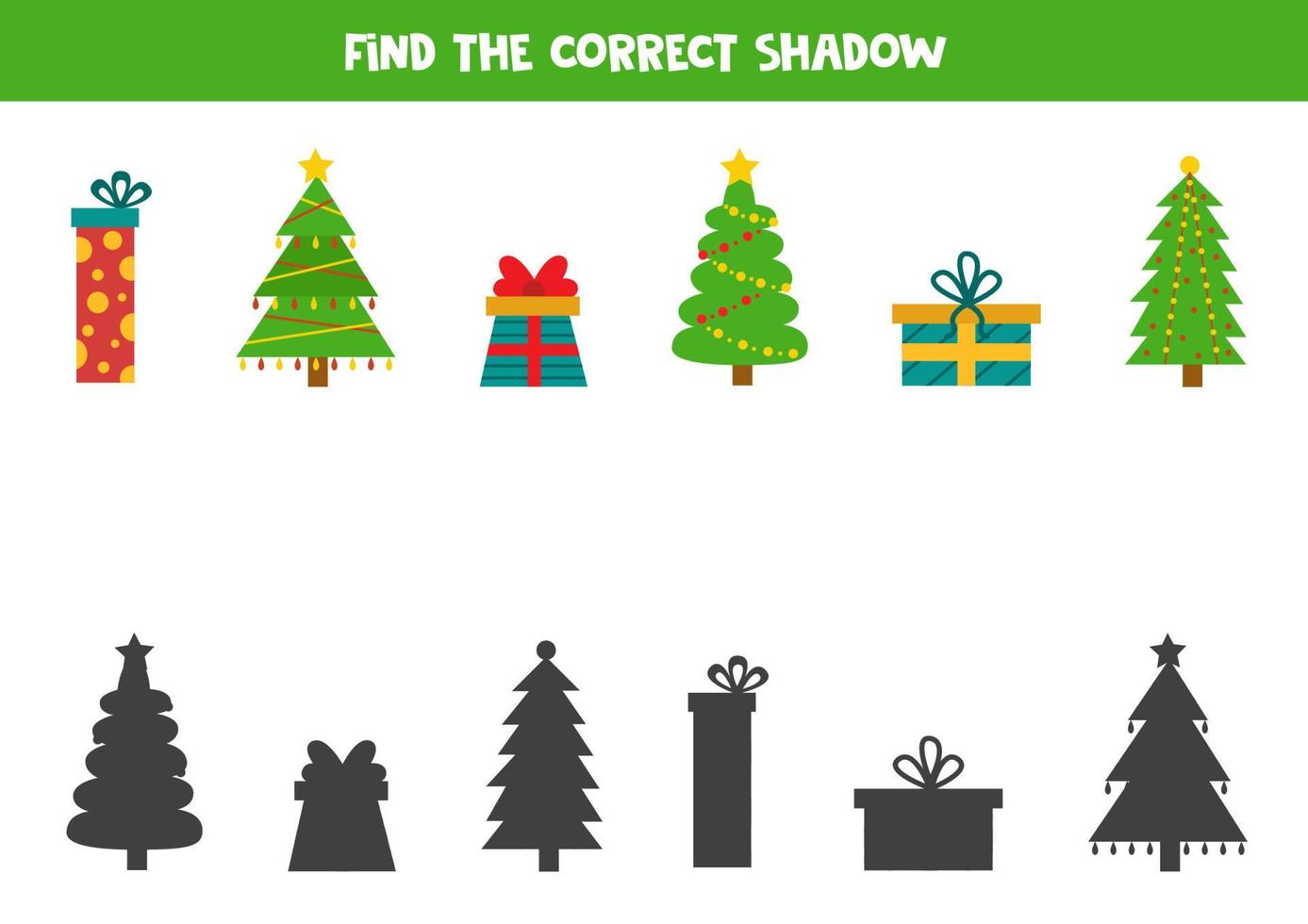 Find the correct shadows of cute Christmas trees and presents. Logical puzzle for kids. vector