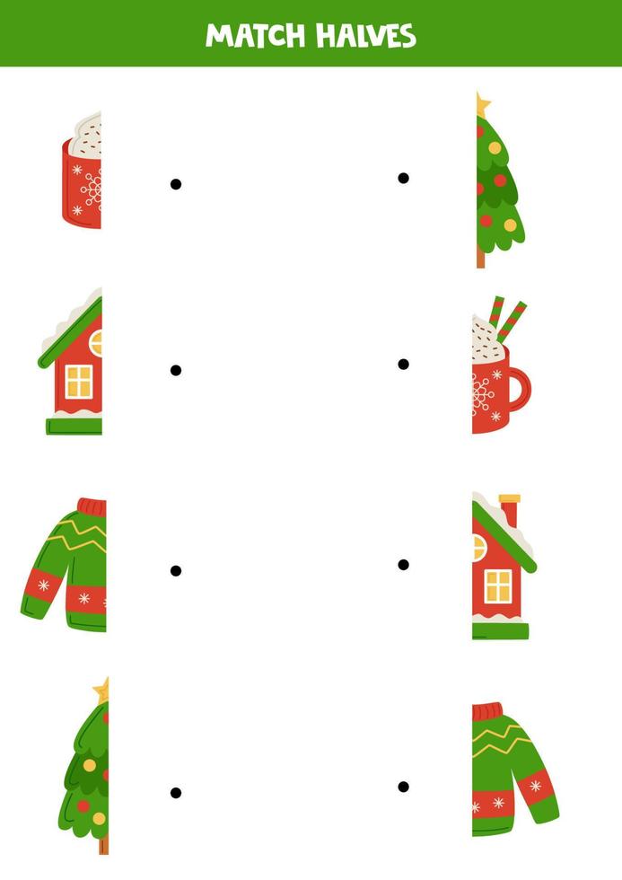 combina partes de lindos elementos esenciales navideños. juego de lógica para niños. vector