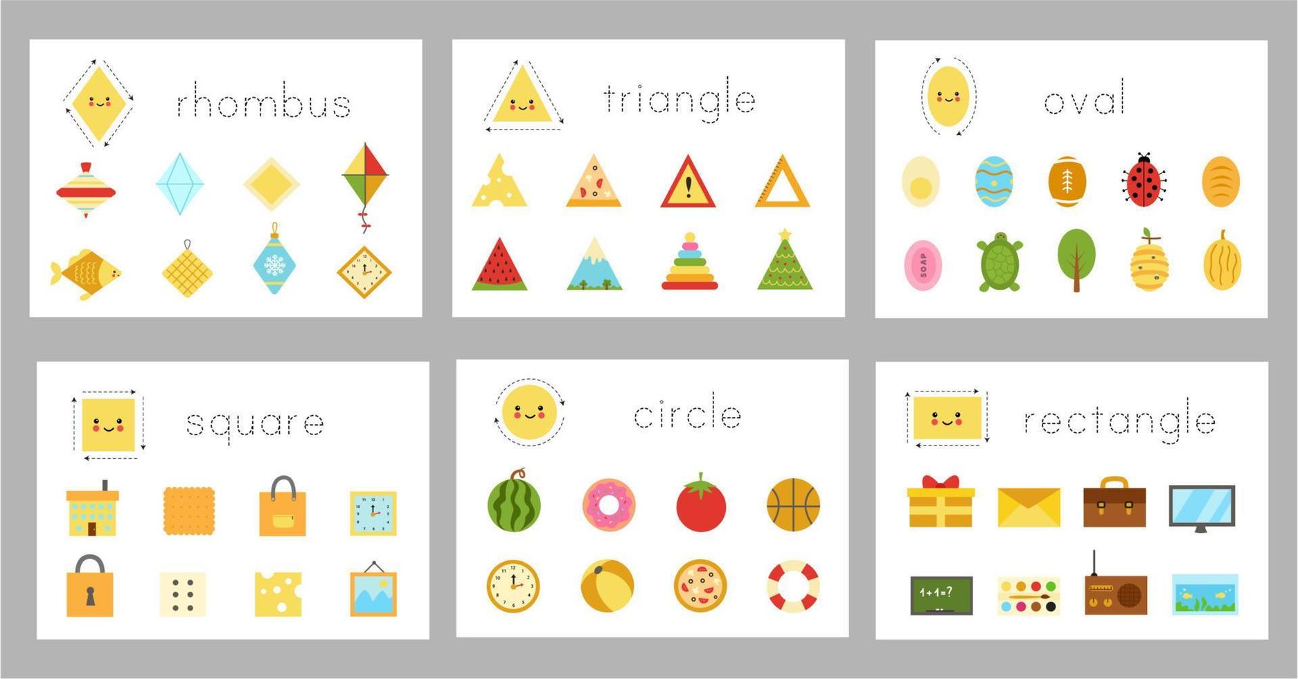 Set of flashcards with shapes. Learning basic shapes for kids. vector