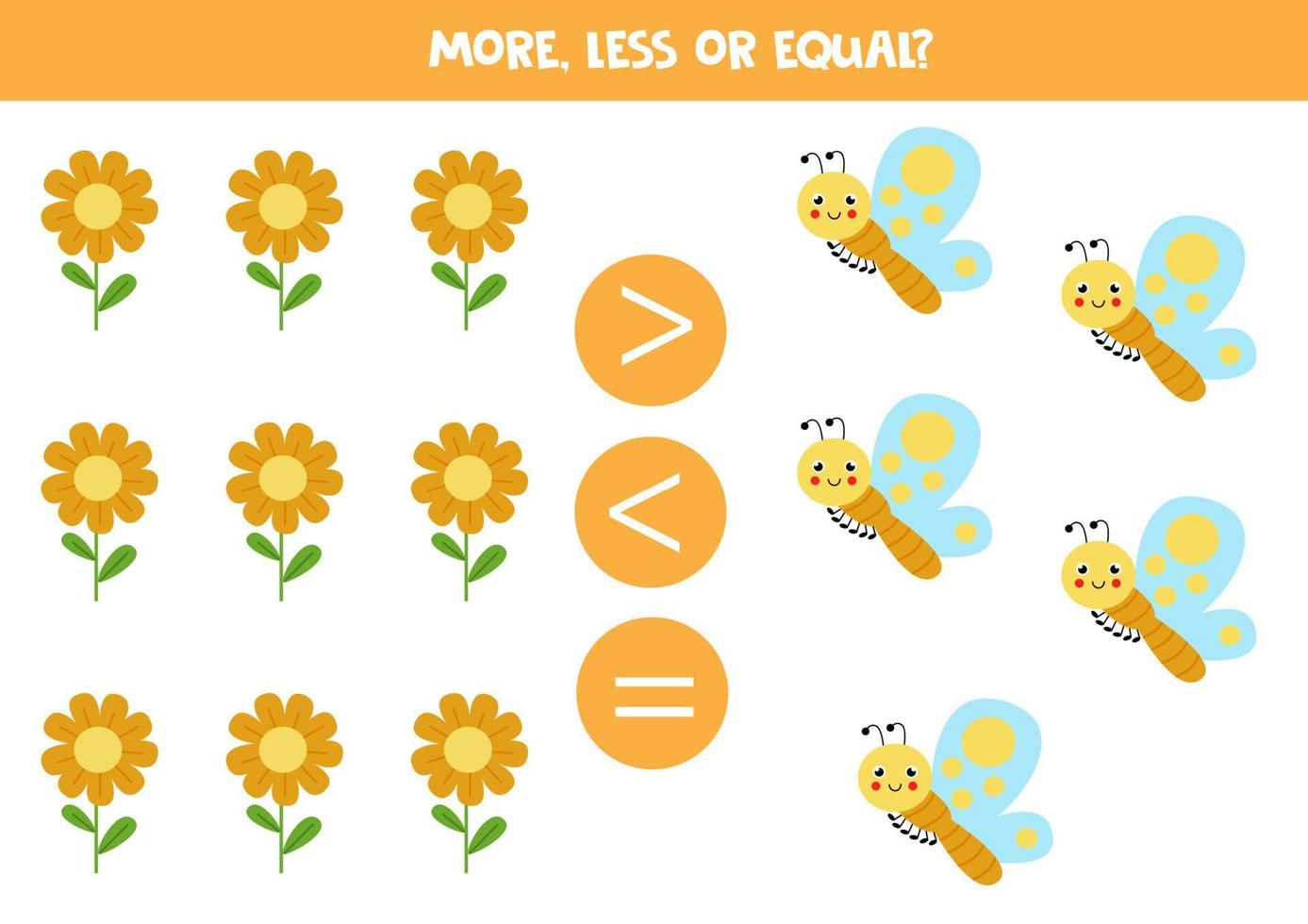 More, less or equal with cartoon butterflies and flowers. vector