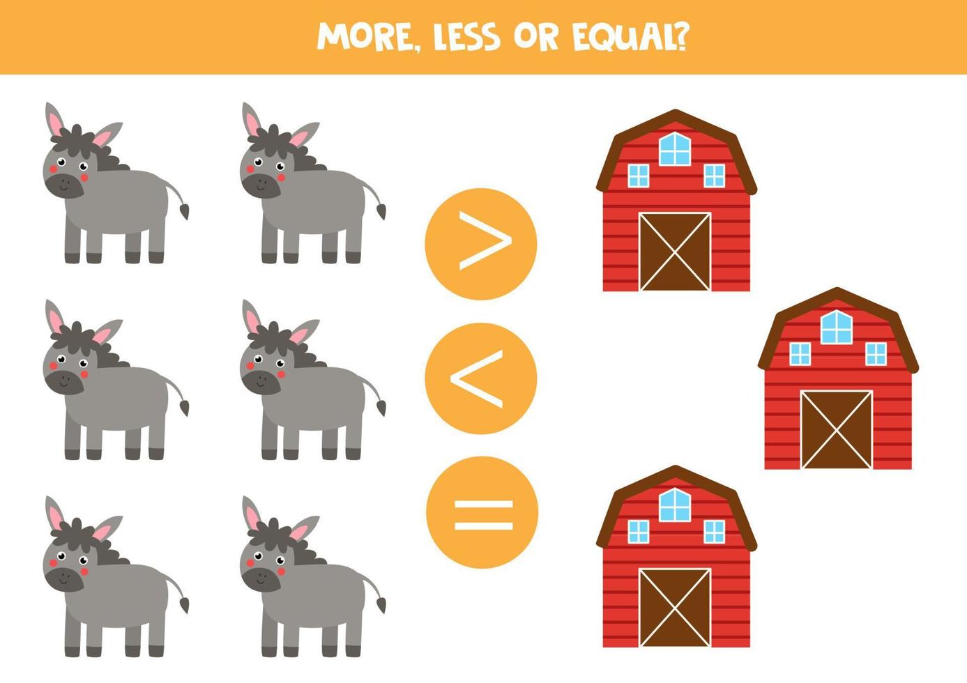 More, less or equal with cartoon donkey and barn. vector