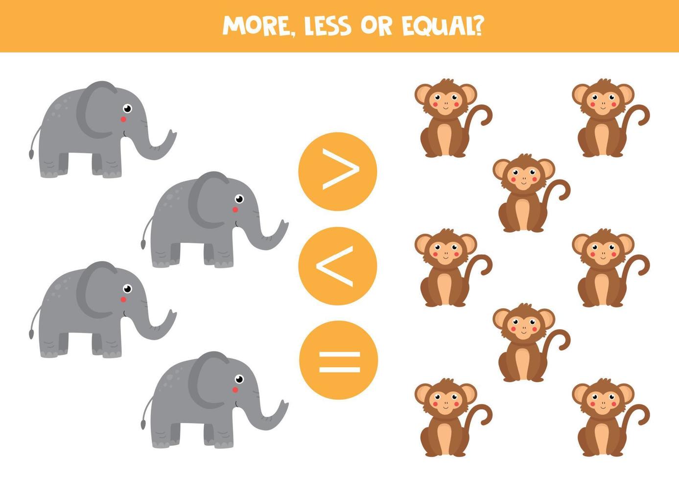 More, less or equal with cartoon monkeys and elephants. vector