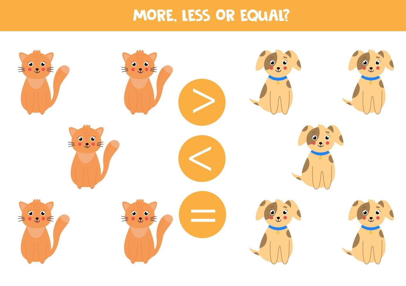 More, less or equal with cartoon cats and dogs. vector
