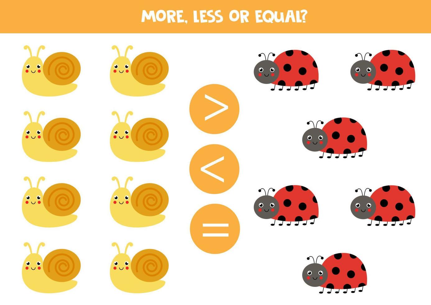 More, less or equal with cartoon snails and ladybugs. vector