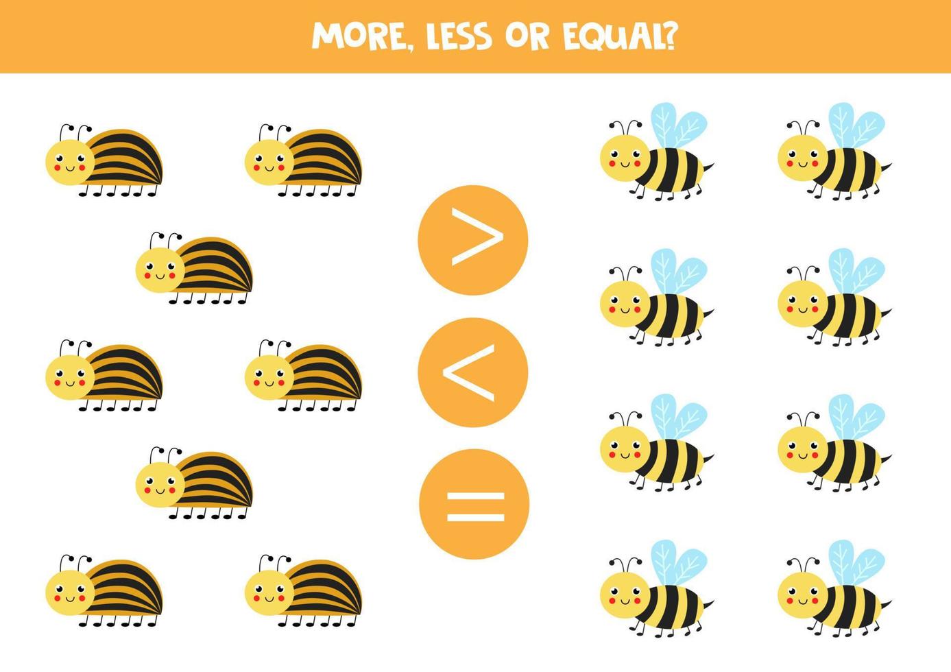 More, less or equal with cartoon bees and Colorado beetles. vector