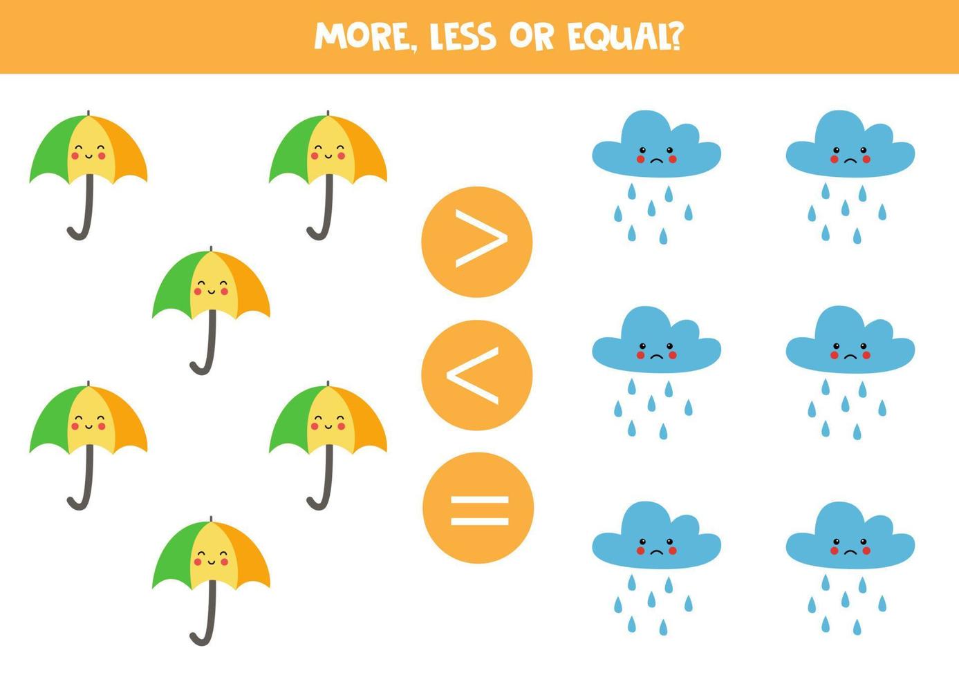 More, less or equal with cartoon umbrellas and clouds. vector
