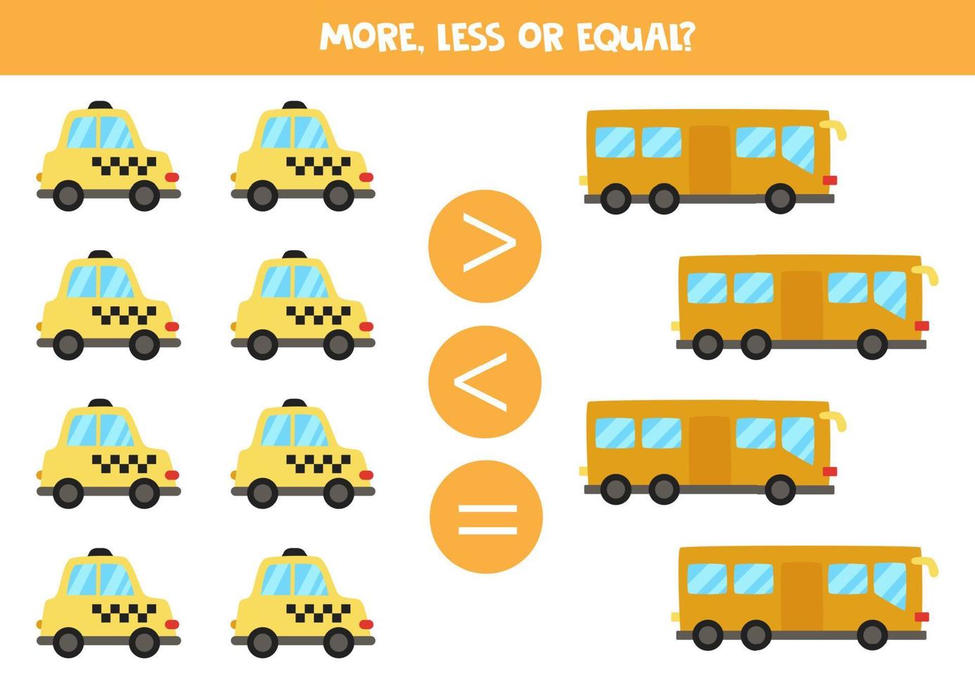 More, less or equal with cartoon taxi and bus. vector