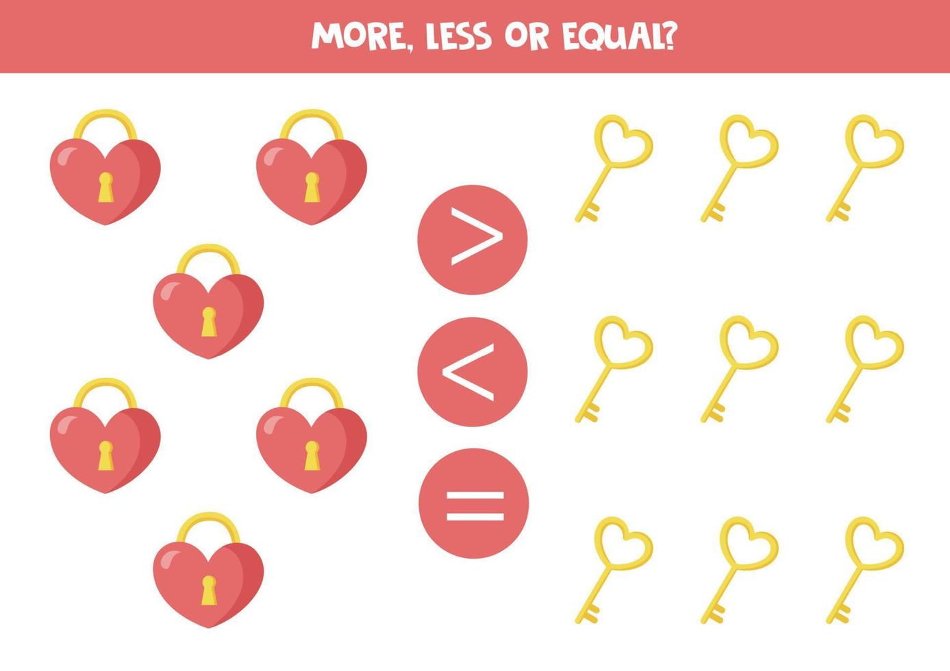 More, less or equal with cartoon valentine heart lock and key. vector