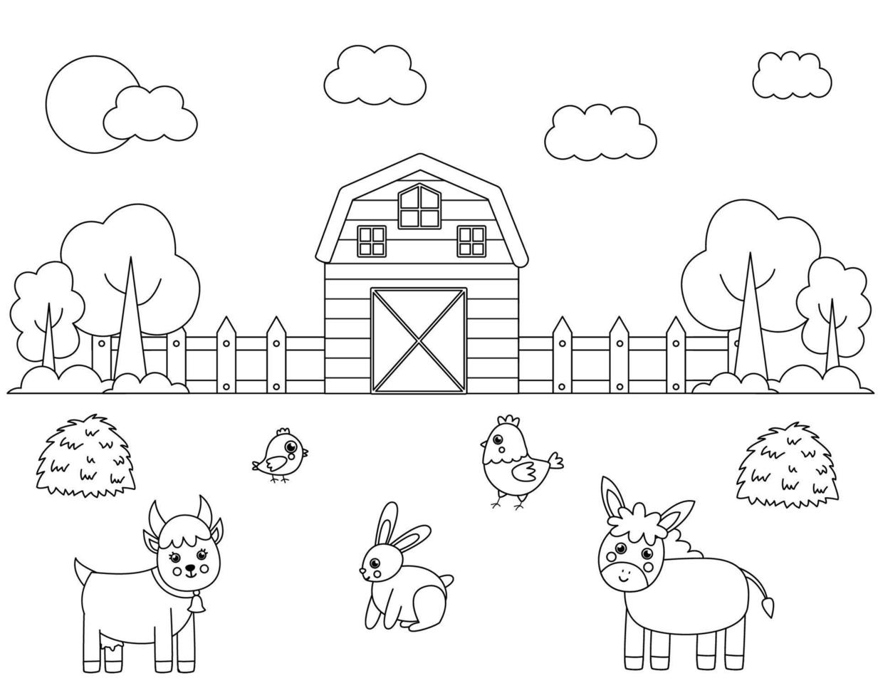 paisaje de granja de color con animales lindos. página educativa para colorear. vector