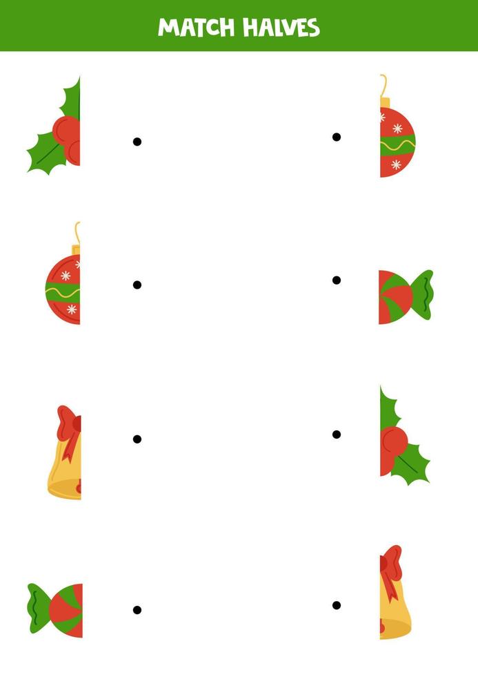 Match parts of cute Christmas essentials. Logical game for children. vector