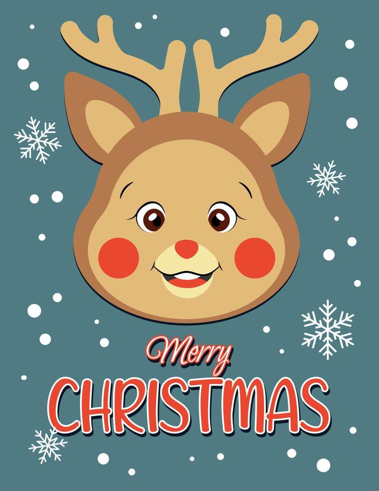 postal con deseo de feliz navidad y ciervo de dibujos animados vector