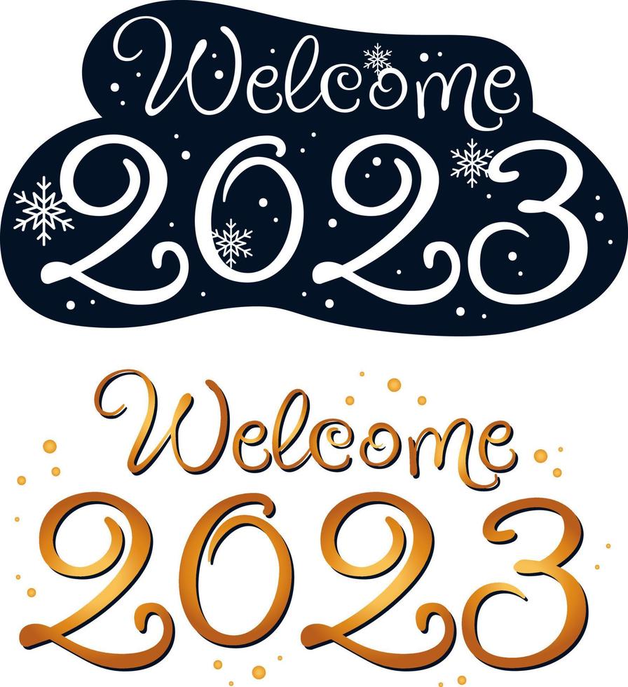 Sticker, inscription, lettering welcome 2023 in gold and white on transparent background vector