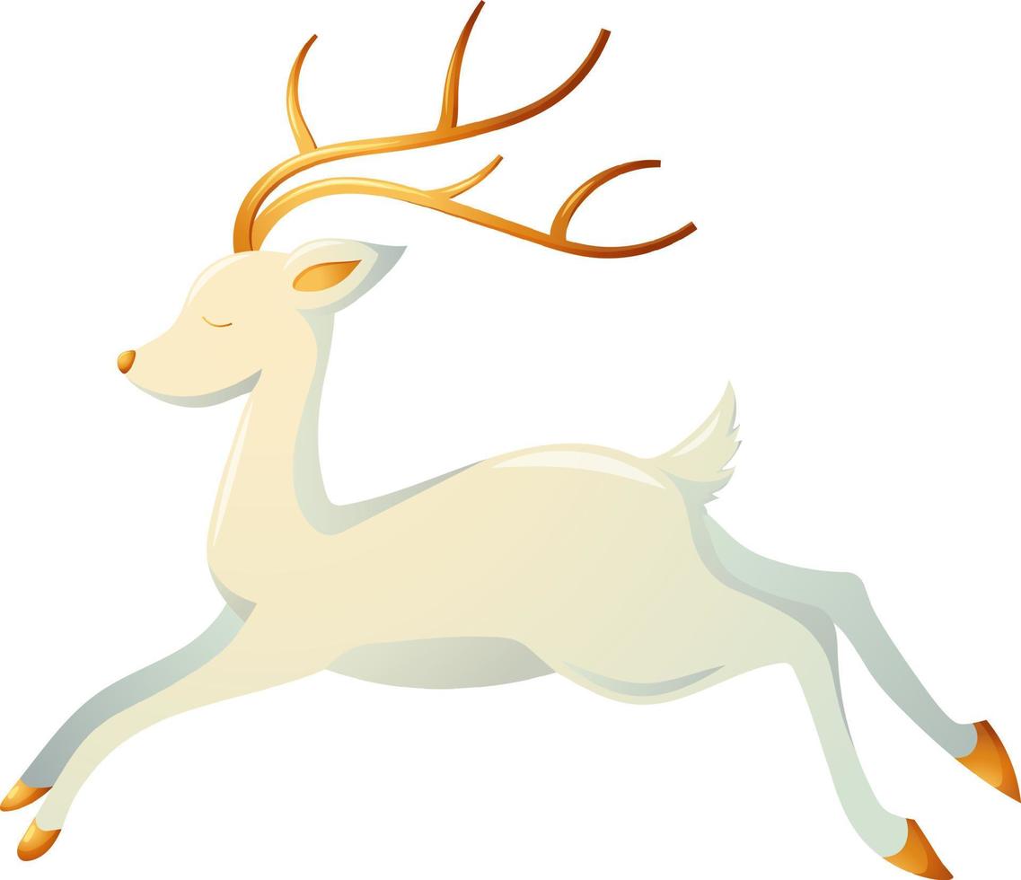 White cartoon reindeer with golden horns and hooves on transparent background vector