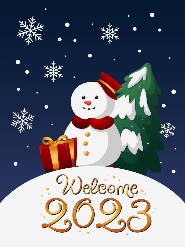 Welcome 2023 holiday greeting card, cartoon snowman with gift and Christmas tree vector