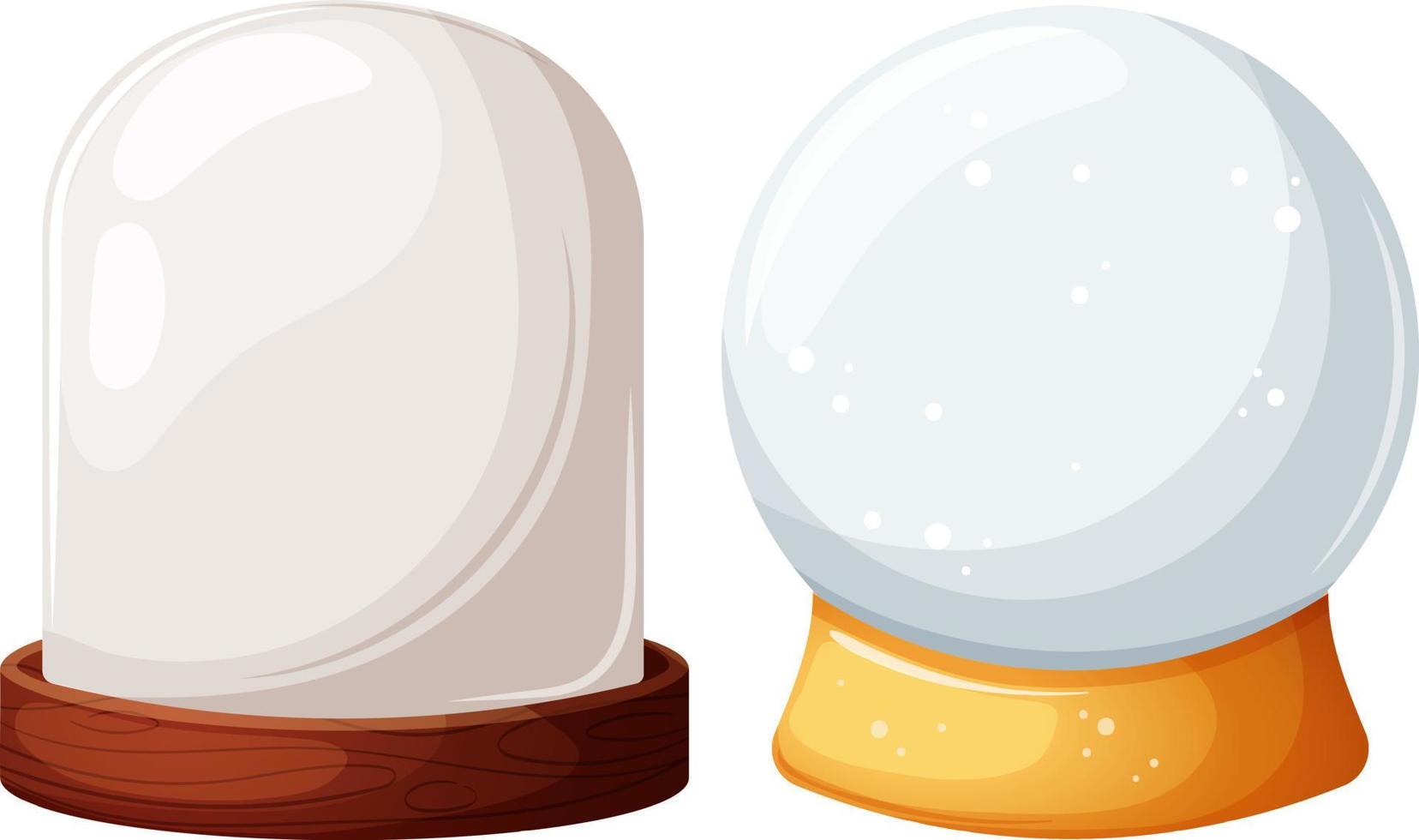 Snow globes, glass flasks with wooden and gold stand in cartoon style on transparent background vector