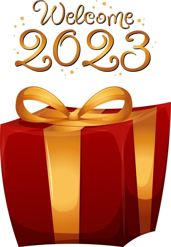 Welcome 2023 and cartoon Christmas gift with gold ribbon on transparent background vector