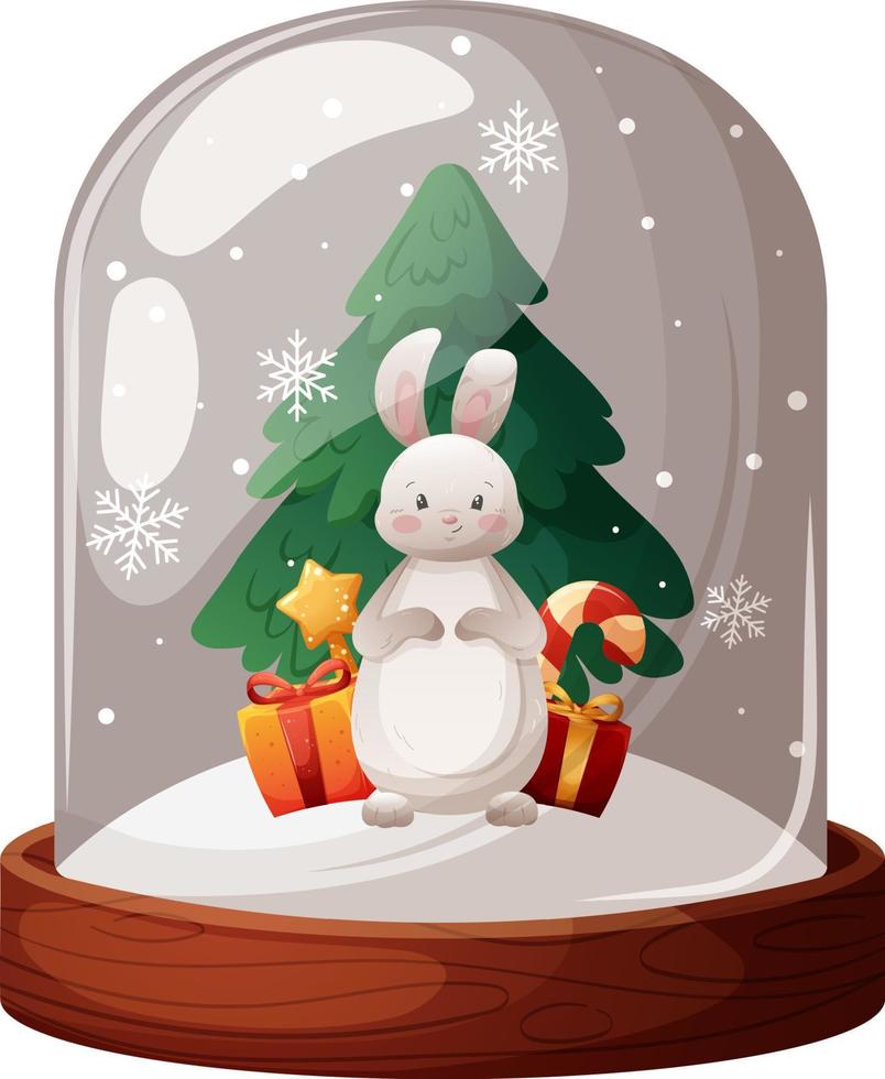 Snow globe, glass flask with cartoon rabbit 2023, Christmas tree and gifts on transparent background vector