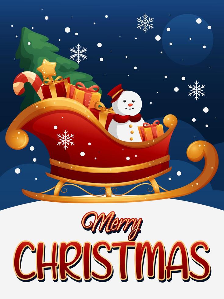 feliz navidad tarjeta de felicitación con trineo de santa claus de dibujos animados y regalos con nieve vector