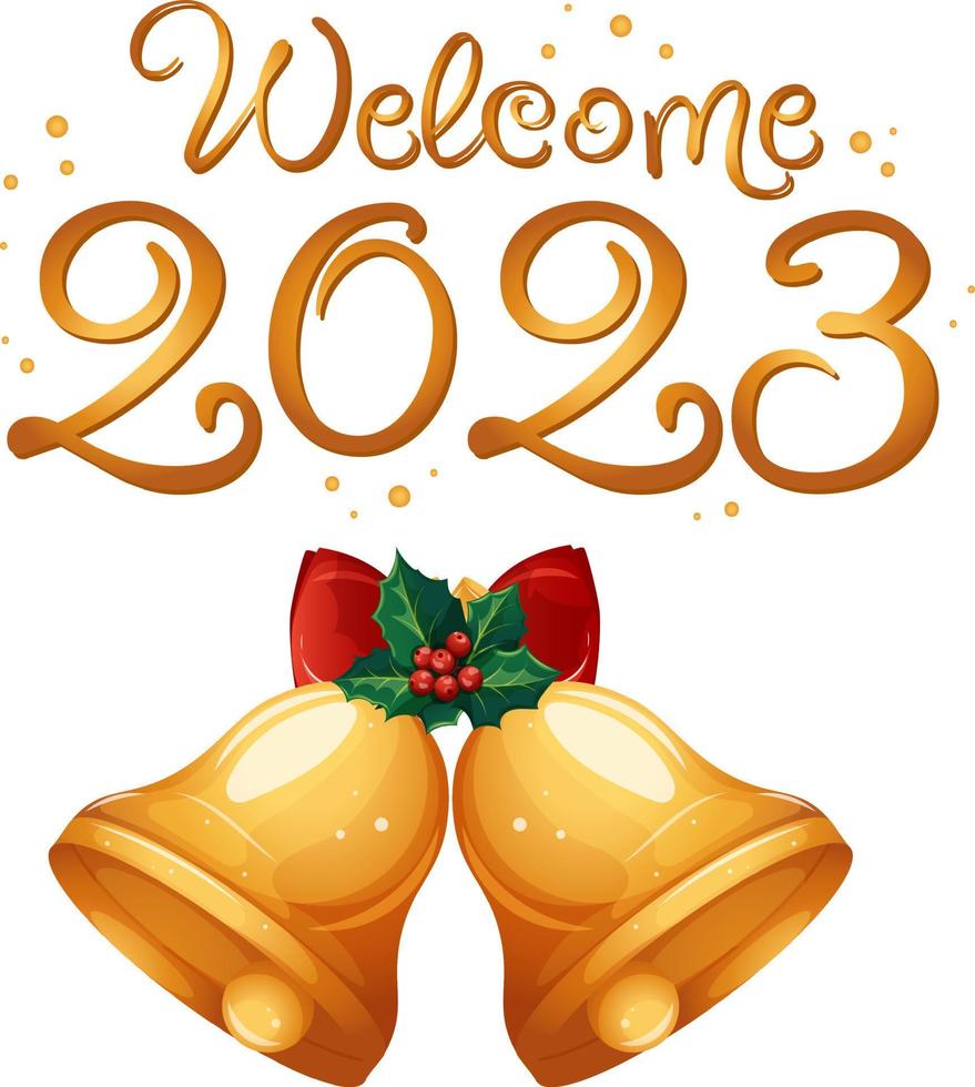 Welcome 2023 gold lettering with cartoon bells on transparent background vector