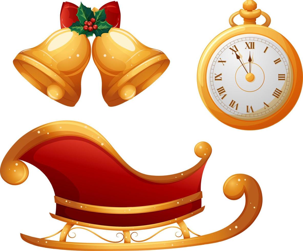 Set of Christmas cartoon items, sleigh, golden bells, clock on transparent background vector