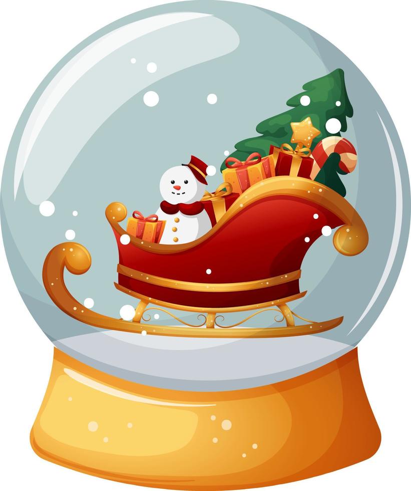 Snow globe, glass flask with Santa Claus sleigh and gifts on
