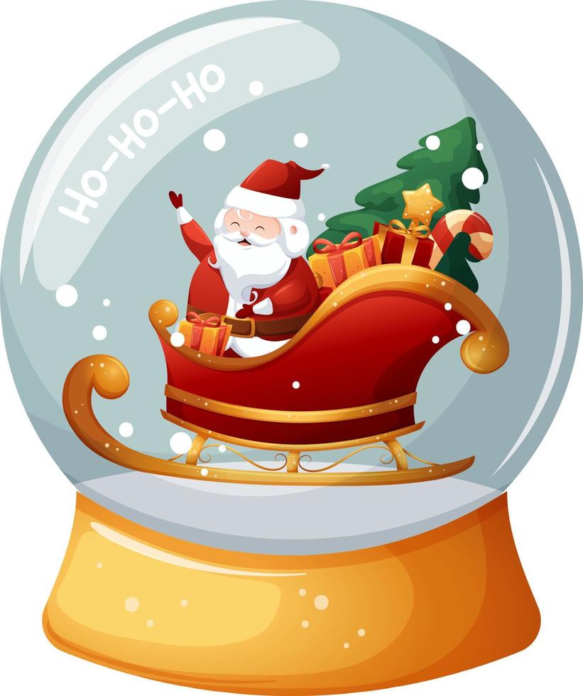 Snow globes, glass flasks with cartoon Santa Claus and sleigh on transparent background vector
